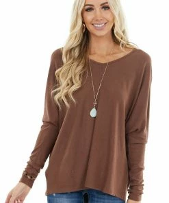 Listicle Chocolate Soft Ribbed Knit Top With Long Dolman Sleeves Tops