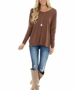 Listicle Chocolate Soft Ribbed Knit Top With Long Dolman Sleeves Tops