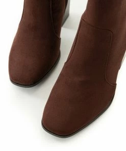 Let's See Style Chocolate Stacked High Heel Faux Suede Booties Shoes