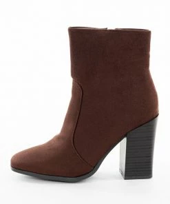 Let's See Style Chocolate Stacked High Heel Faux Suede Booties Shoes