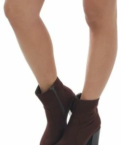 Let's See Style Chocolate Stacked High Heel Faux Suede Booties Shoes
