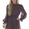 She + Sky Chocolate Swiss Dot Long Puff Sleeve Romper Dresses