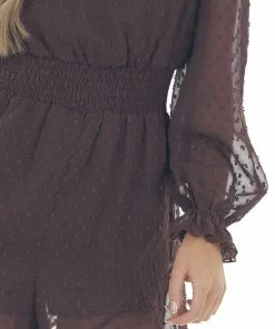She + Sky Chocolate Swiss Dot Long Puff Sleeve Romper Dresses