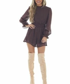 She + Sky Chocolate Swiss Dot Long Puff Sleeve Romper Dresses