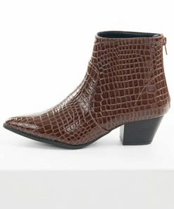 East Lion Corp. Cinnamon Crocodile Textured Heeled Bootie Shoes