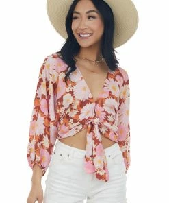 Lush Clothing Tops Cinnamon Floral Print Tie Front Cropped Blouse