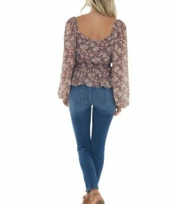 Peach Love Cinnamon Floral Square Neck Smocked Peplum Top Tops