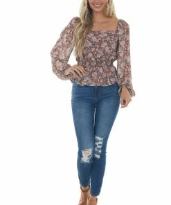 Peach Love Cinnamon Floral Square Neck Smocked Peplum Top Tops