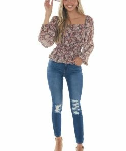 Peach Love Cinnamon Floral Square Neck Smocked Peplum Top Tops