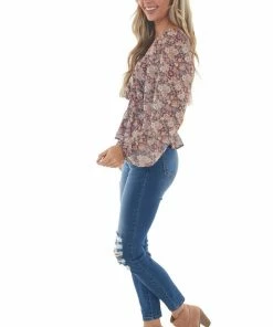 Peach Love Cinnamon Floral Square Neck Smocked Peplum Top Tops