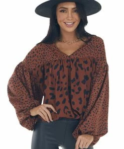 Hailey & Co Tops Cinnamon Leopard Print Babydoll V Neck Blouse