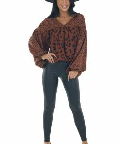 Hailey & Co Tops Cinnamon Leopard Print Babydoll V Neck Blouse