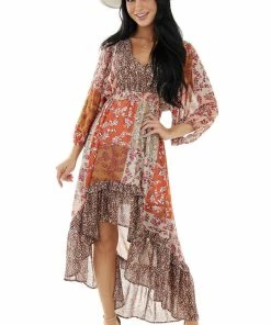 Umgee Dresses Cinnamon Multiprint Chiffon Woven Midi Dress