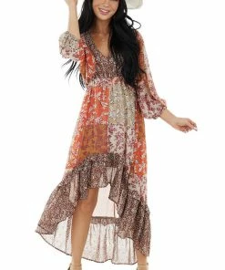 Umgee Dresses Cinnamon Multiprint Chiffon Woven Midi Dress