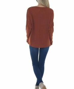143 Story Cinnamon Waffle Knit Dolman Lace Sleeve Top