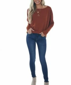 143 Story Cinnamon Waffle Knit Dolman Lace Sleeve Top