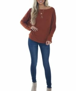 143 Story Cinnamon Waffle Knit Dolman Lace Sleeve Top