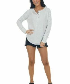 143 Story Cloud Thermal Knit Henley Long Sleeve Top Tops