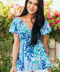 Umgee Cobalt Abstract Elastic V Neck Ruffle Top