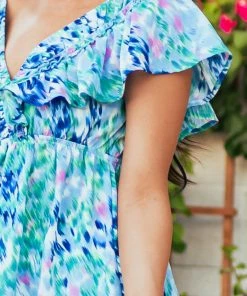 Umgee Cobalt Abstract Elastic V Neck Ruffle Top