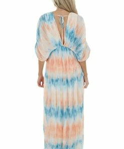 Flying Tomato Cobalt And Salmon Tie Dye Pleated Woven Maxi Dress Dresses