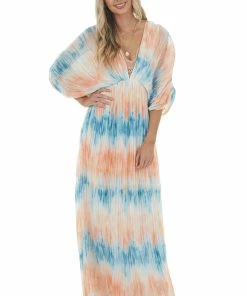 Flying Tomato Cobalt And Salmon Tie Dye Pleated Woven Maxi Dress Dresses