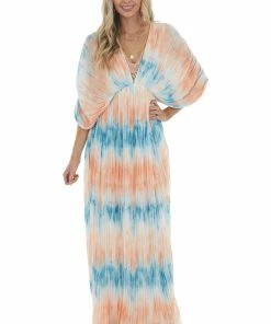 Flying Tomato Cobalt And Salmon Tie Dye Pleated Woven Maxi Dress Dresses