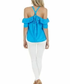 Do + Be Tops Cobalt Blue Cold Shoulder Blouse With Ruffle Detail