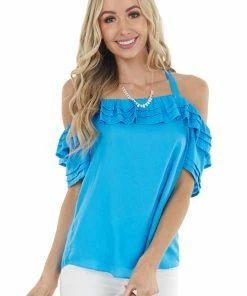 Do + Be Tops Cobalt Blue Cold Shoulder Blouse With Ruffle Detail