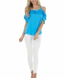 Do + Be Tops Cobalt Blue Cold Shoulder Blouse With Ruffle Detail