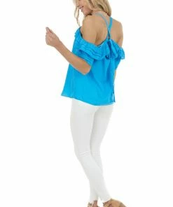 Do + Be Tops Cobalt Blue Cold Shoulder Blouse With Ruffle Detail