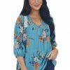 Ces Femme Tops Cobalt Floral Print Babydoll 3/4 Sleeve Top With Lace Detail