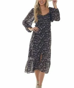 143 Story Dresses Cocoa Brown Floral Bubble Sleeve Midi Dress