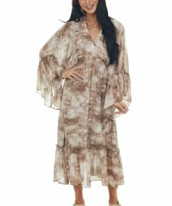 HYFVE Dresses Cocoa Tie Dye Flowy Sleeve Midi Dress
