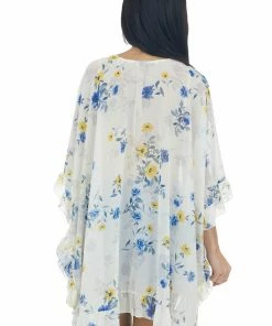 CY Fashion Coconut Floral Print Ruffle Trim Kimono