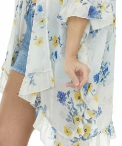 CY Fashion Coconut Floral Print Ruffle Trim Kimono