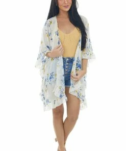 CY Fashion Coconut Floral Print Ruffle Trim Kimono