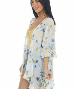 CY Fashion Coconut Floral Print Ruffle Trim Kimono