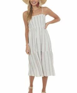 Umgee Coconut Striped Smocked Bodice Tiered Dress Dresses