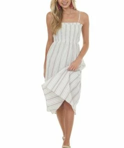Umgee Coconut Striped Smocked Bodice Tiered Dress Dresses