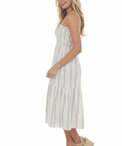 Umgee Coconut Striped Smocked Bodice Tiered Dress Dresses