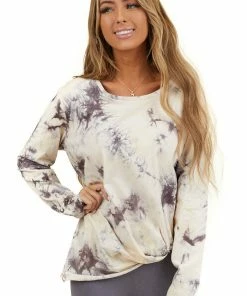 Umgee Tops Coffee And Cream Tie Dye Long Sleeve With Front Knot Detail