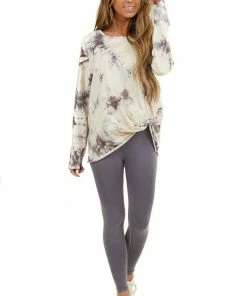 Umgee Tops Coffee And Cream Tie Dye Long Sleeve With Front Knot Detail