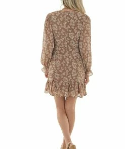 She + Sky Coffee Floral Print Ruched Front Short Dress