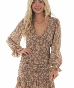 She + Sky Coffee Floral Print Ruched Front Short Dress