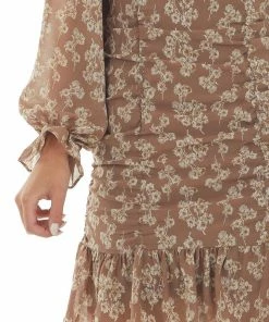She + Sky Coffee Floral Print Ruched Front Short Dress