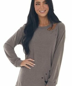 BiBi Coffee French Terry Laser Cut Out Knit Top Tops