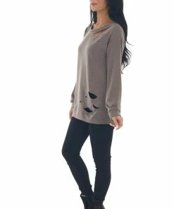 BiBi Coffee French Terry Laser Cut Out Knit Top Tops