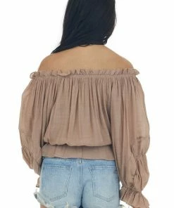HYFVE Tops Coffee Frilled Off The Shoulder Peasant Blouse