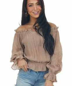 HYFVE Tops Coffee Frilled Off The Shoulder Peasant Blouse